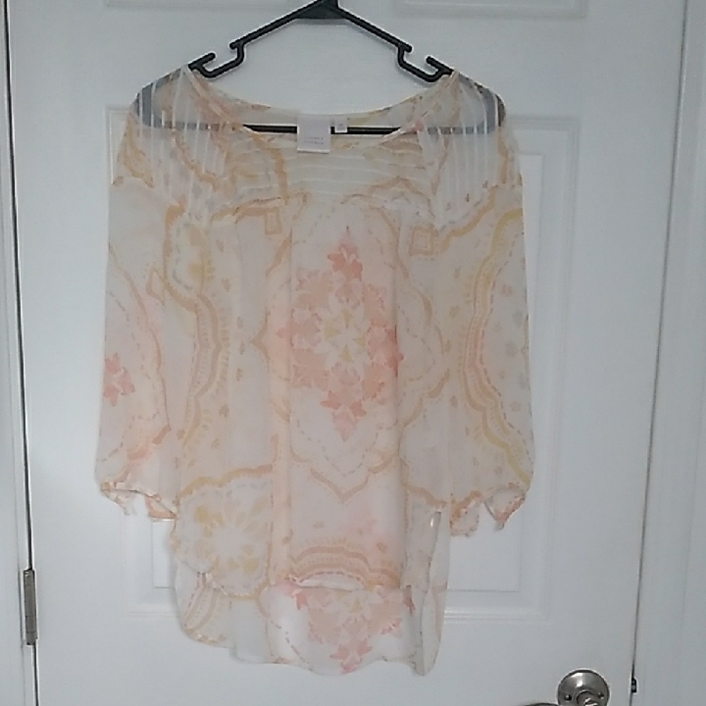 LC Lauren Conrad, 3/4 Sleeve Shear Blouse in Peach, Pink and Cream